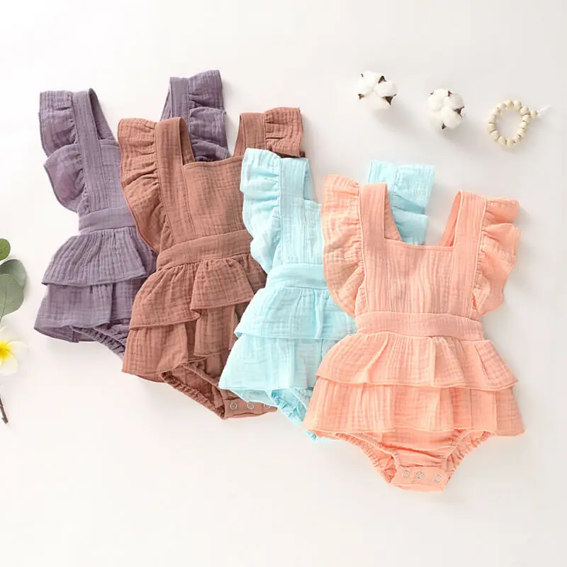 2023 Summer Newborn Baby Girls Bodysuits Clothes Princess Ruffle Cotton Jumpsuit Cute Toddler Backless Lace Up Bow Beach Outfits