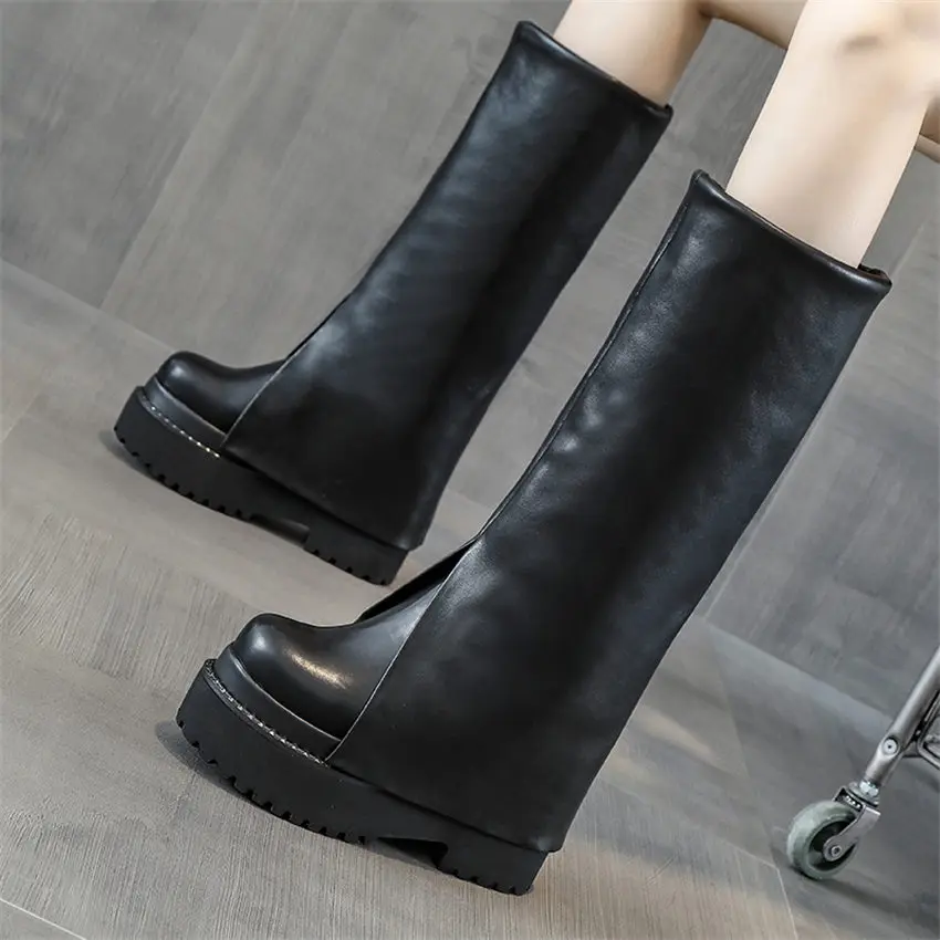 Punk Goth Motorcyle Knee High Boots Women Genuine Leather Round Toe Platform Wedge Long Boots High Tube Party Pumps 34 35 36 39