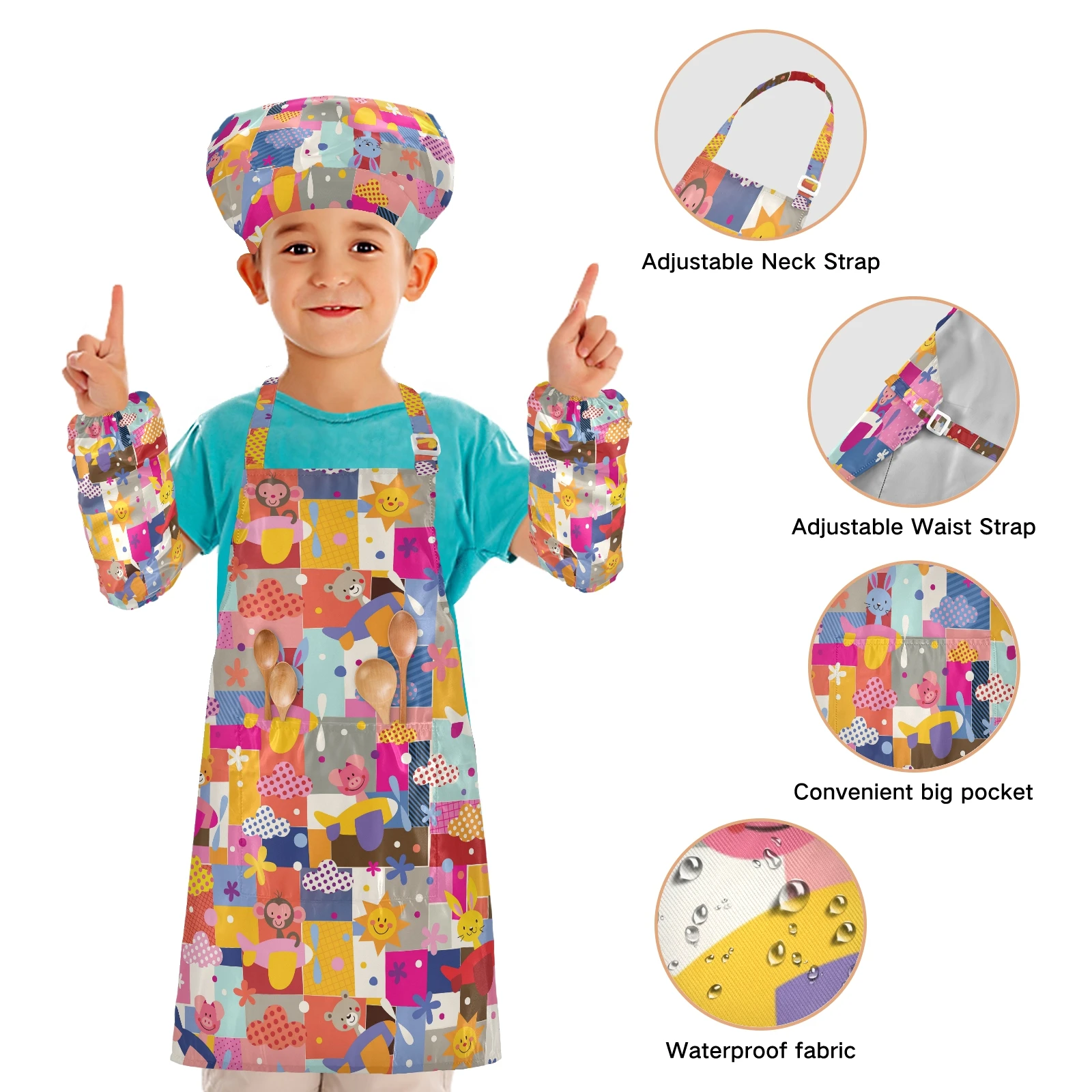 

Cartoon Cat Print Child Craft Apron and Hat Set Solid Color Front Pocket Bib Apron + Elastic Band Cooking Cap 2021 New