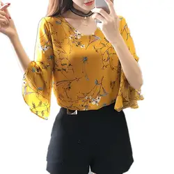 Blusa de gasa con estampado floral para verano, camisa elegante de gasa con media manga acampanada y cuello en V, 2022