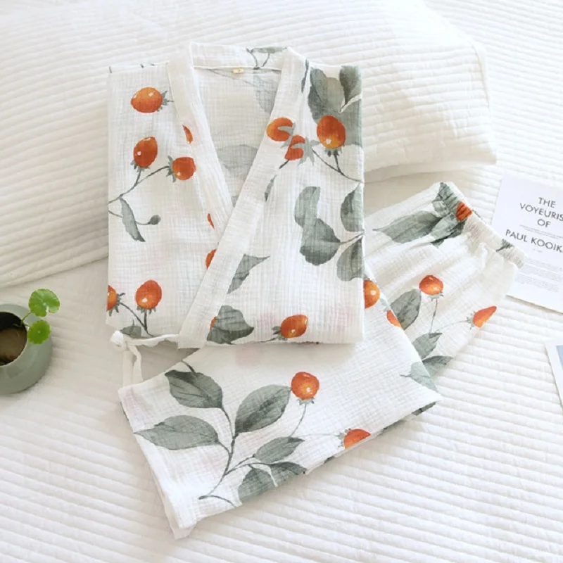 Conjunto de pijamas de algodão de gaze solta para senhoras, estilo japonês Kinomo, estampa de tomate cereja, conforto, novo, primavera, 2 peças, 2022