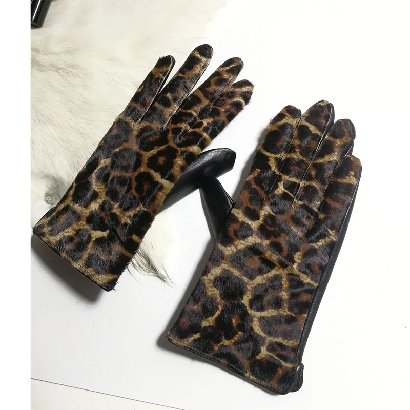 Women\'s autumn winter leopard genuine leather glove female natural leather touchscreen driving riding glove R1222