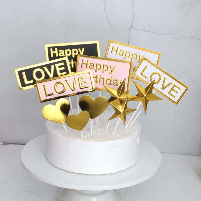 

Paper Cupcake Picks Toppers Rectangle Pentagram Star Message " HAPPY BIRTHDAY "Valentine's Day Birthday Cake Card 4 PCs/Set