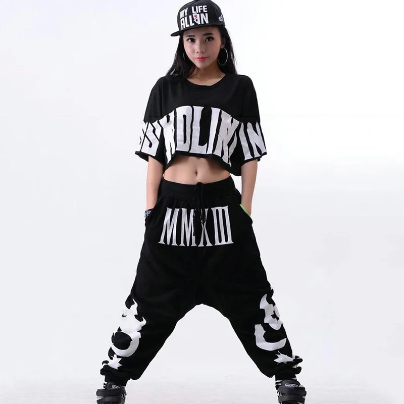 Hip Hop Costume Black Short Sleeve Loose Harem Pants Women Street Dance Clothing Ladies Stage Outfit Dj Ds Rave Wear DT1071