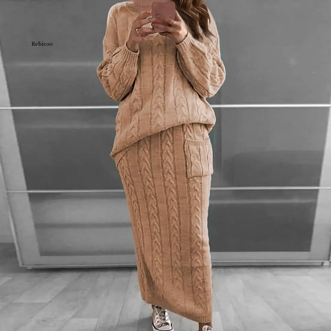 

Women's Knit Set Long Sleeve Sweater Solid Color Pullover Long Dress Set Two-Piece Set Long Sleeve Knitted Sweater