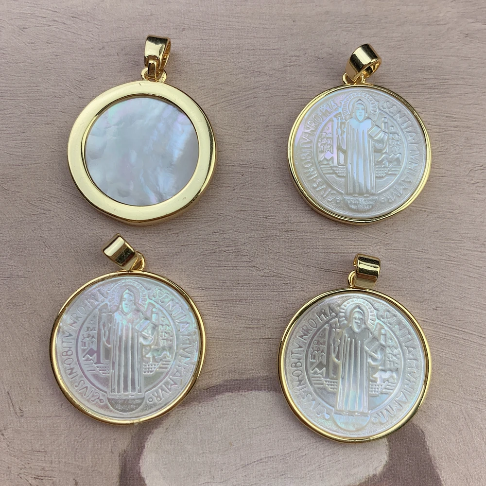 Catholicism Saint Benedict Pendants For Jewelry Making Round Mother of Pearl Shell Medal Necklace Charms