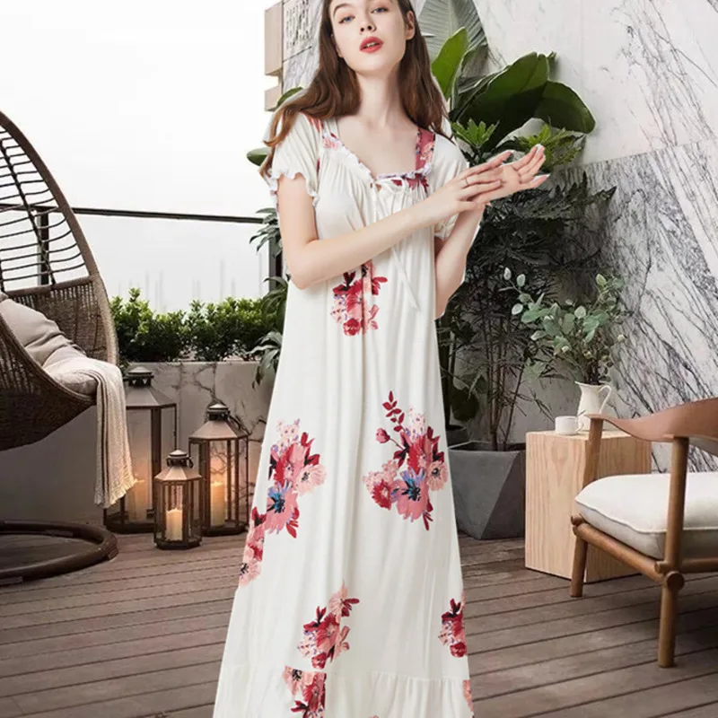 

Summer Womens Nightgown Floral Cotton Short Sleeve Vintage Nightdress Lace Long Sleepwear Sexy Home Night Dress Nightwear Women