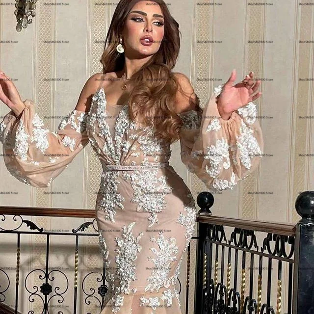 Arabic Aso Ebi Mermaid prom dresses 2022 full lace floral long sleeve light champagne high low skirt evening dress robes