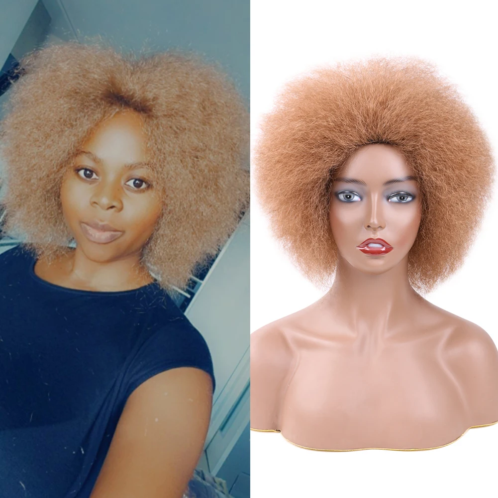 

6 Inch Short Fluffy Afro Kinky Yaki Straight Hair Wig Natural Fluffy Afro African Wigs Heat Resistant Black Brown Red 99J Color