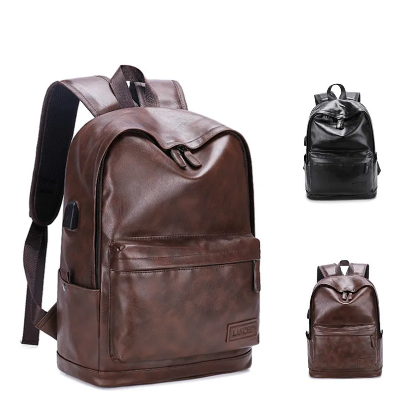 Men Leather Backpack USB Charging Anti-theft Large Boy Schoolbag Travel Bag School Backpack Black Bagpack