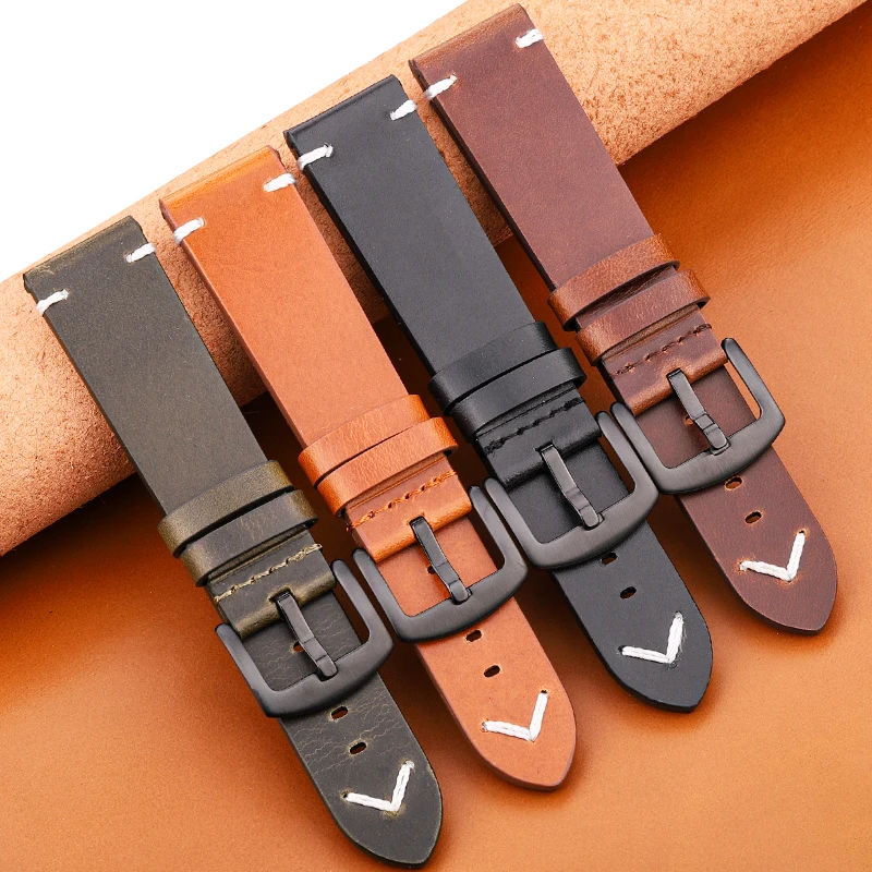 Handmade Genuine Leather Watch Band Oil Wax Cowhide Smart Watch Compatible 18 20 22 24 mm Brown Black Green Yellow Strap