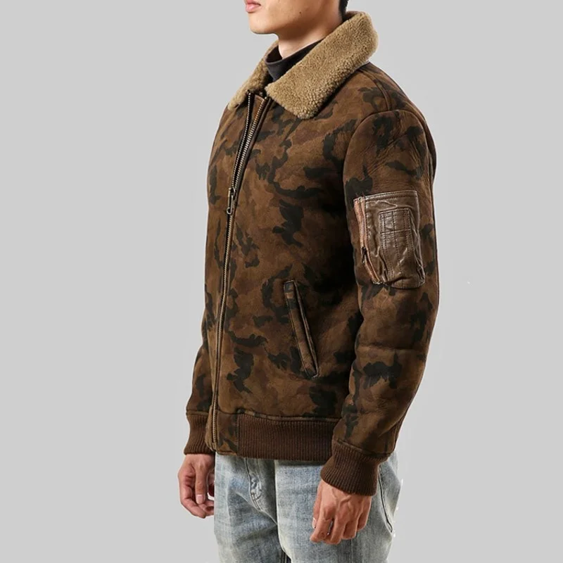 Mens Casual Camouflage Short Bomber Jacket Shearling Wool Warm Sheepskin Zipper Biker Coat Winter Genuine Leather Fur Jackets