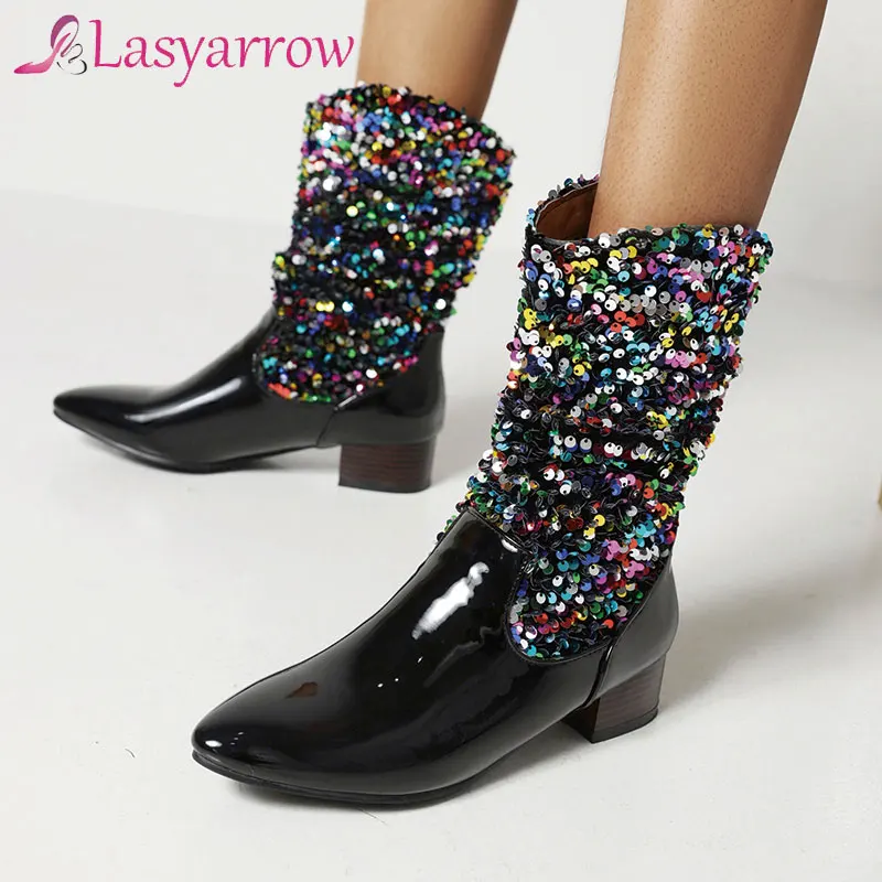 

Lasyarrow Sparking Colorful Sequined Boots Women Sequin Bling Bling Glitter Party Shoes Autumn Winter Ladies Short Boots New