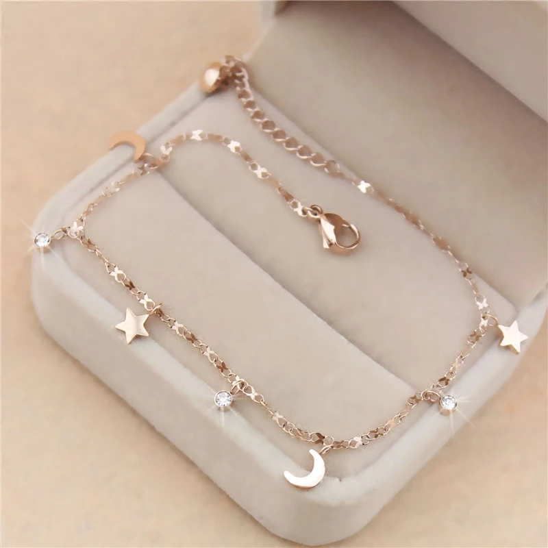 Moon Star Anklet dla kobiet Biżuteria modowa ze stali nierdzewnej w kolorze różowego złota (GA121)