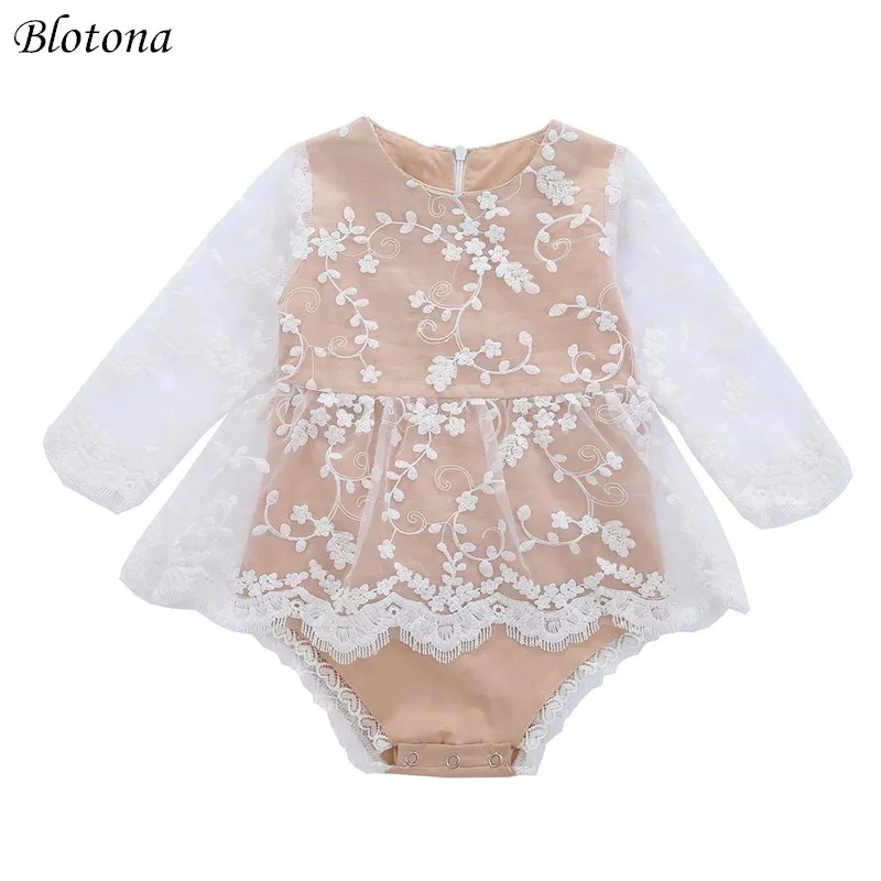 

Blotona Newborn Baby Girls Fashion Long-sleeved Romper Solid Color Lace Flowers Stitching Skirt Bodysuit 0-24M