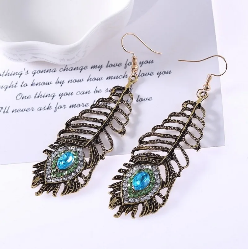 Vintage Rhinestone Peacock Eye Feather Earrings For Women Statement Party Jewelry Brincos Wholesale