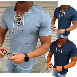 2021New Mens V-neck T-shirt hollow out Lace-up Shirt Casual short Sleeve Wash Vintage Denim Blouse Fitness Bodybuilding Tops Hot