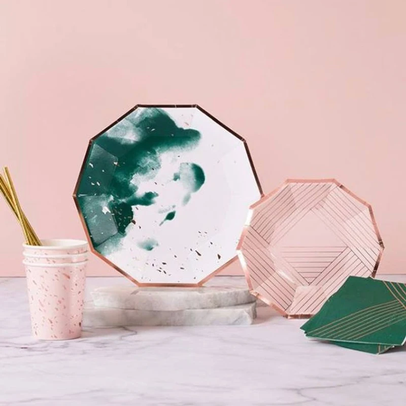 Whole Set Disposable Foil Gold Tableware Ink Graffiti Green Pink Water-blue Cup Napkiin Hexagonal Plates Birthday Party Supplies