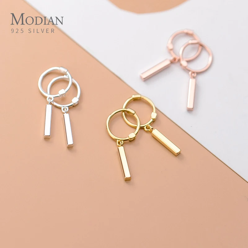 Modian Authentic 925 Sterling Silver Geometric Rectangle Stick Fashion 3 Color Hoop Earrings for Women Fine Jewelry Student Gift