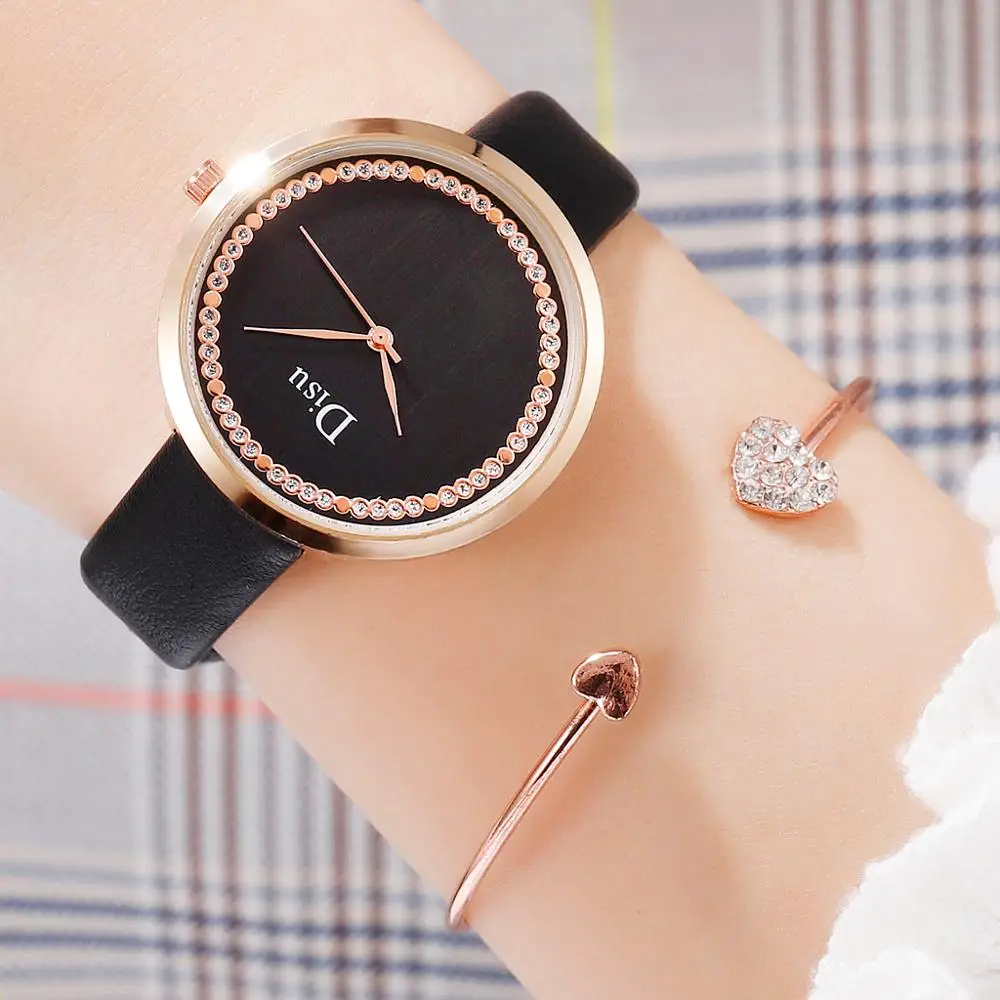 Disu Nice Vogue Leather Watches Pop Pop Leather Minimalist Wrist Watch Women Watches Mujer Bayan Kol Saati Montre Feminino