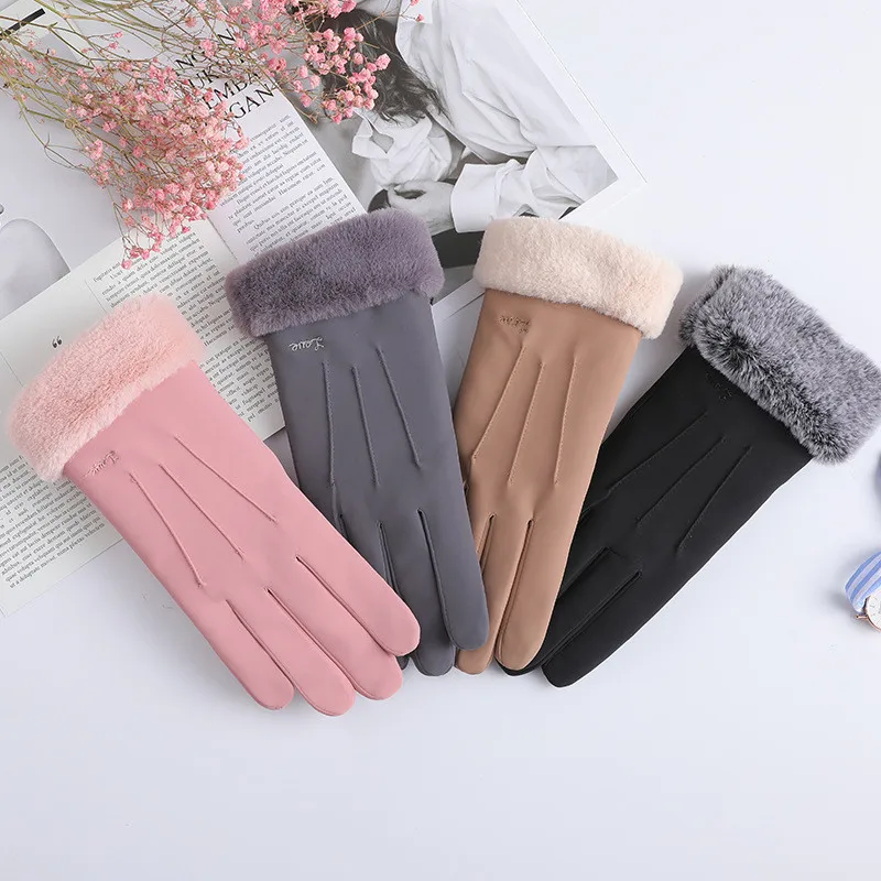 Women's Winter Thermal Velvet Gloves Touchscreen Compatible Fashion Cute Student Driving Gloves Anti-Cold