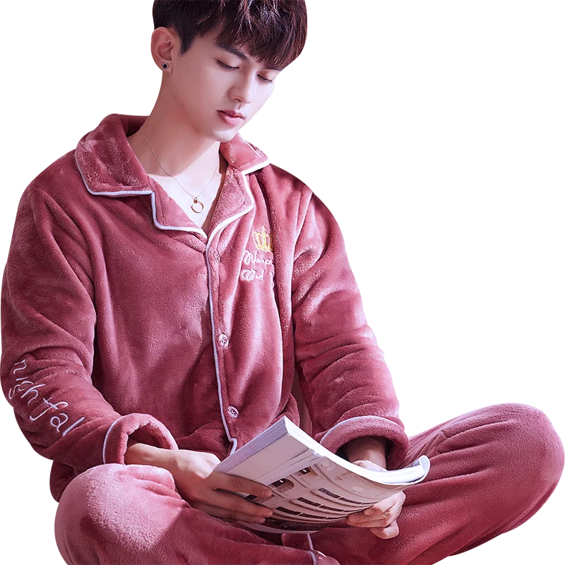 

H5885 Sleepwear Men Pajamas Set Male Thickened Flannel Autumn Winter Nightwear Long Sleeve Coral Fleece Large Size Warm Homewear