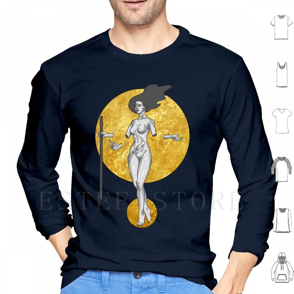 Spiritual In Grey And Gold Hoodie Long Sleeve Spiritual Womens Abstract Surreal Gold Wiccan Third Eye Sexy Goddess Portrait