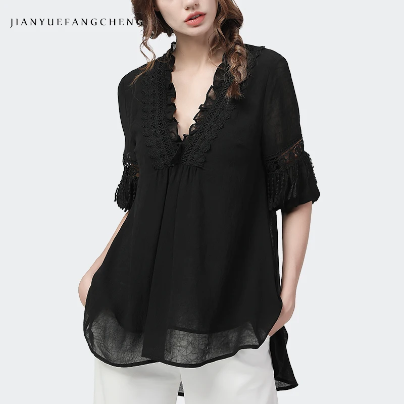 Lantern Sleeve Loose Casual Women\' Black Chiffon Blouse Lace Appliques V-Neck Hollow Out Ladies Tops Plus Size Mid-Length Shirt