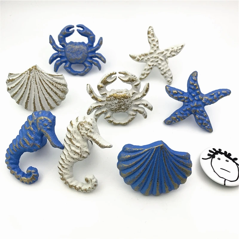 LCH Mediterranean Blue Vintage Iron Art Crab Starfish Shell Door Knob Pull Cloth Hook Outdoor Hardware Ancient Style