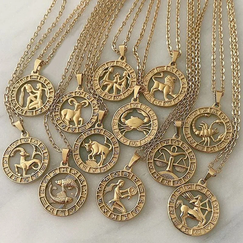 12 Zodiac Symbol Pendant Necklaces for Women Punk Golden Chains Twelve Constellations Necklace Aquarius Sagittarius Jewelry Gift