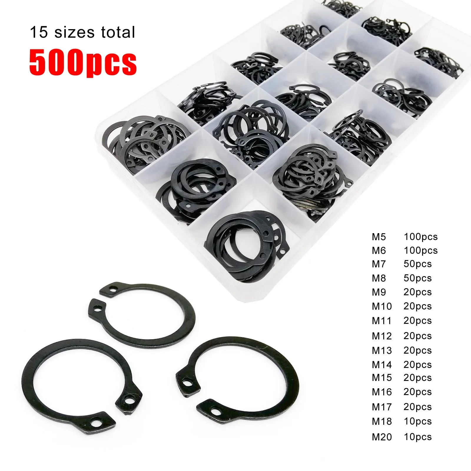 250/500pcs Assortment Kit Set 5-20mm GB894 Black 65mn Steel Retaining Clip Snap Ring C Type External Circlip for Bearing Shaft