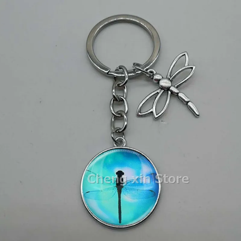 Rodada Vidro Keychain com Libélula Charme, Convex Charme, Animal Chaveiro, Acessórios do carro, 1