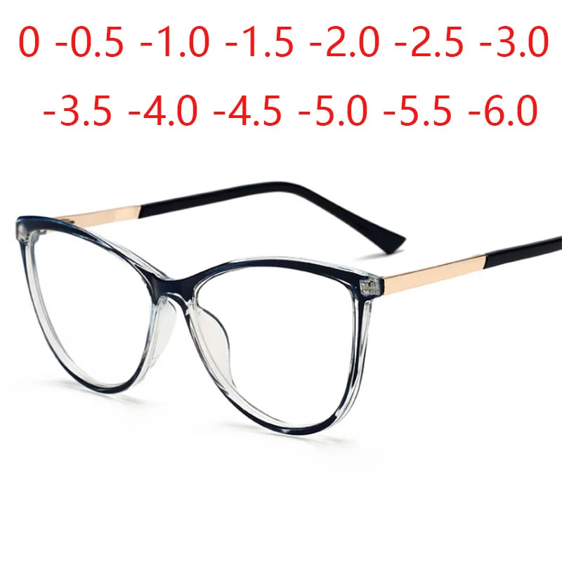 Blue Light Blocking Cat Eye Nearsighted Eyeglasses Spring Hinges Unisex Oval Prescription Spectacle 0 -0.5 -1.0 -2.0 To -6.0