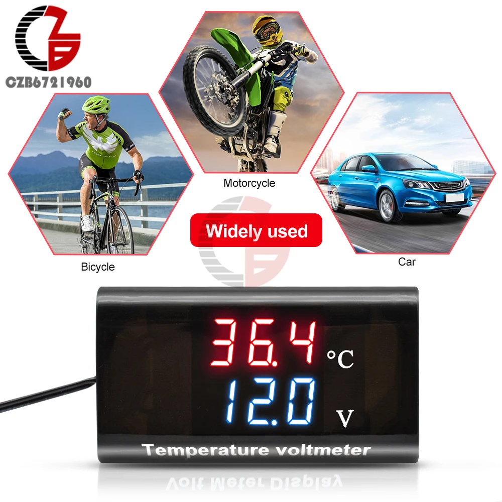 IPX6 Car Motorcycle Digital Voltmeter Thermometer DC 8-18V 12V Battery Tester Waterproof Voltage Meter Temperaure Sensor Meter