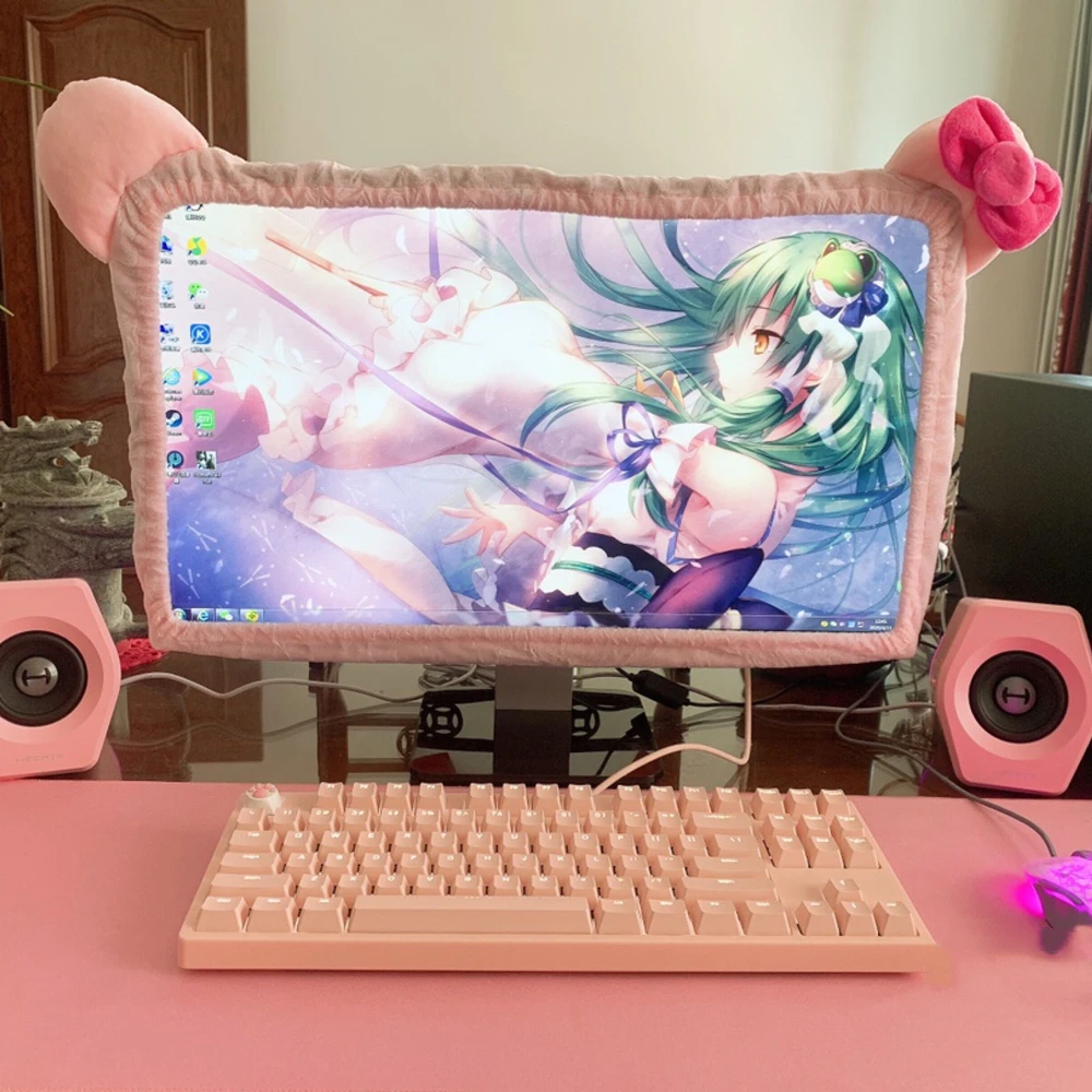 Pink Fabric Computer Frame Cover, Monitor Screen Dust Cover with Elastic Pen Pocket Bow, Cute Home Decorations