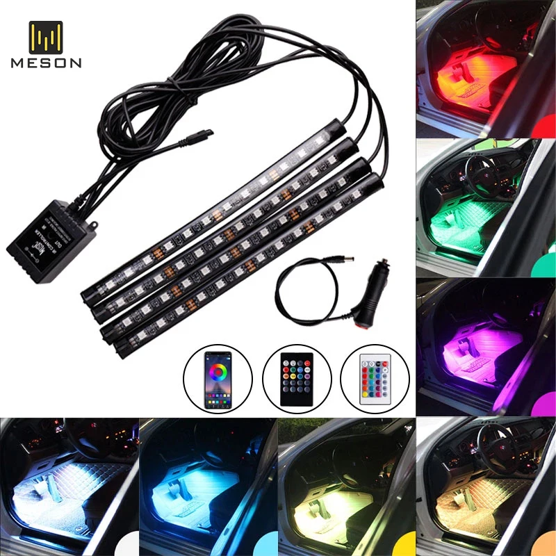 12 LED RGB Car Interior Foot Atmosphere Light With USB/Cigarette Lighter Wireless Remote Music Control Multi-Mode Ambient Light