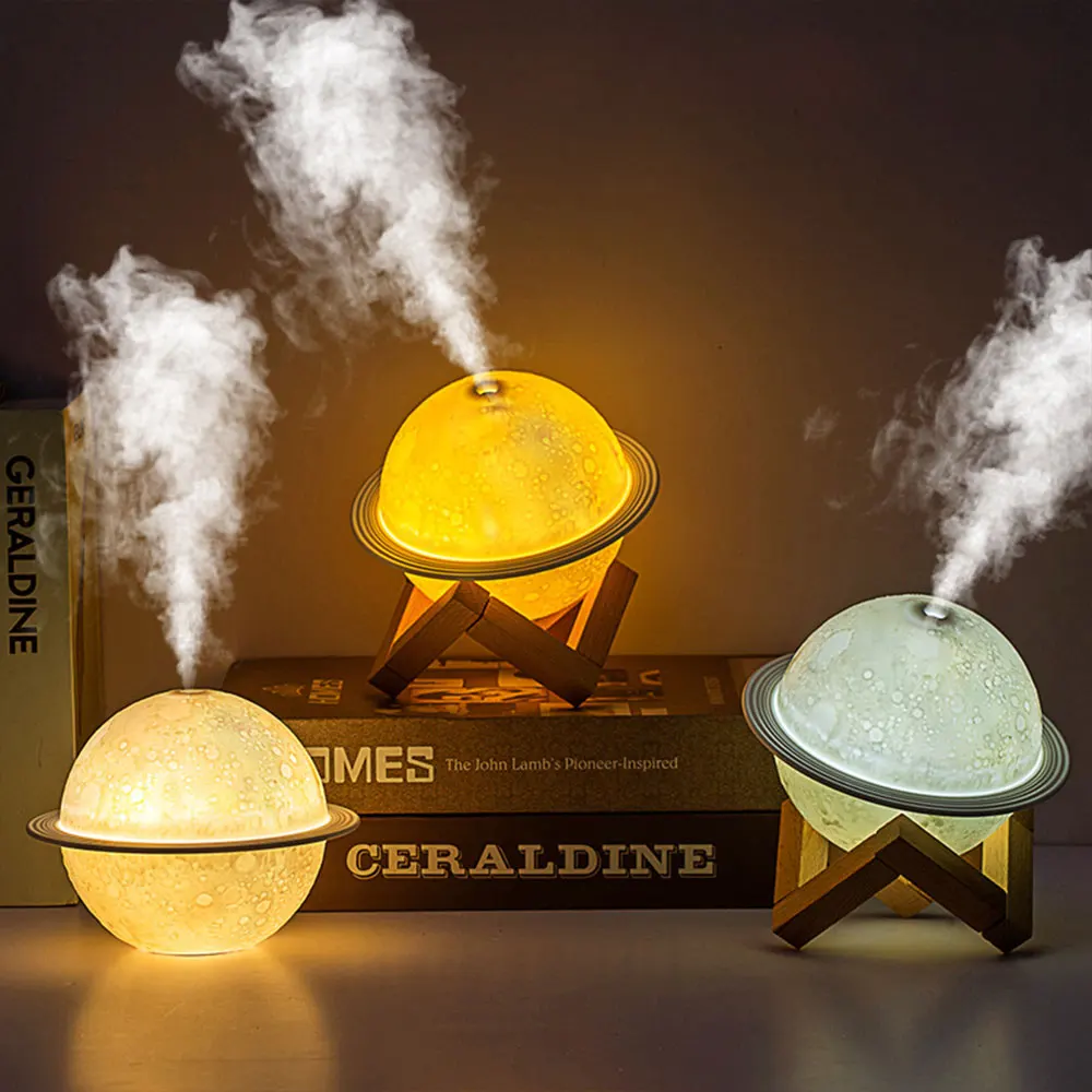 Humidificador de luz de Planeta de sobremesa, ambiente LED, espray de aire nocturno pequeño con marco de madera para imprimir logotipo, sensación del hogar