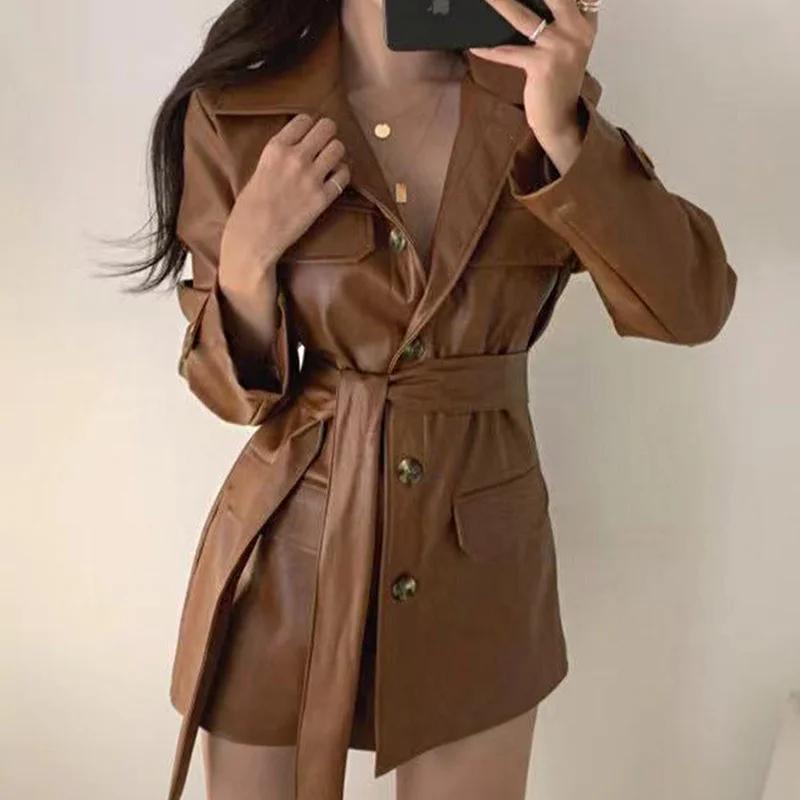 Korean Temperament Lapel Single Breasted Multi Pocket Lace Up Waist Long Sleeve Medium Long Leather Coat Women 2021  N115