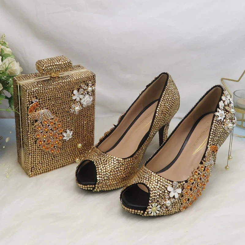 Champagne Gold Crystal Women Sandals Open Toe Bride Wedding Shoes and Bag set Peacock Flower Peep Toe High Heels Handbag Pumps