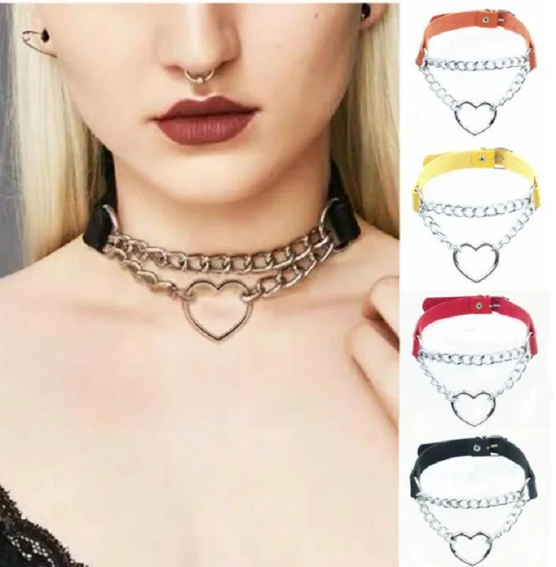 

European and American super cool peach heart-shaped chain collar fashion trend leather love collar necklace neck chain neck chai