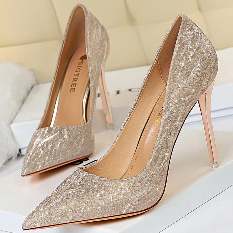 BIGTREE Shoes Woman Pumps Silver Champagne High Heels Stiletto Wedding Shoes Sequins Women Heels Fashion Ladies Shoes Party Shoe