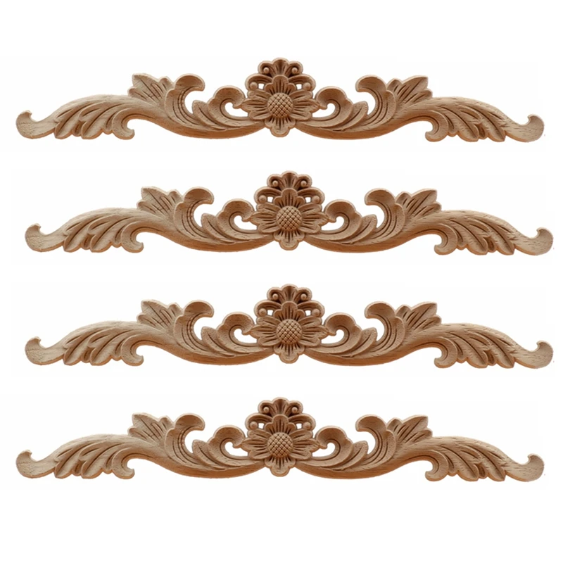 4Pcs Wood Appliques and Onlays, Unpainted DIY Decorative Wood Carved Onlay Appliques for Bed Door Cabinet Wardrobe