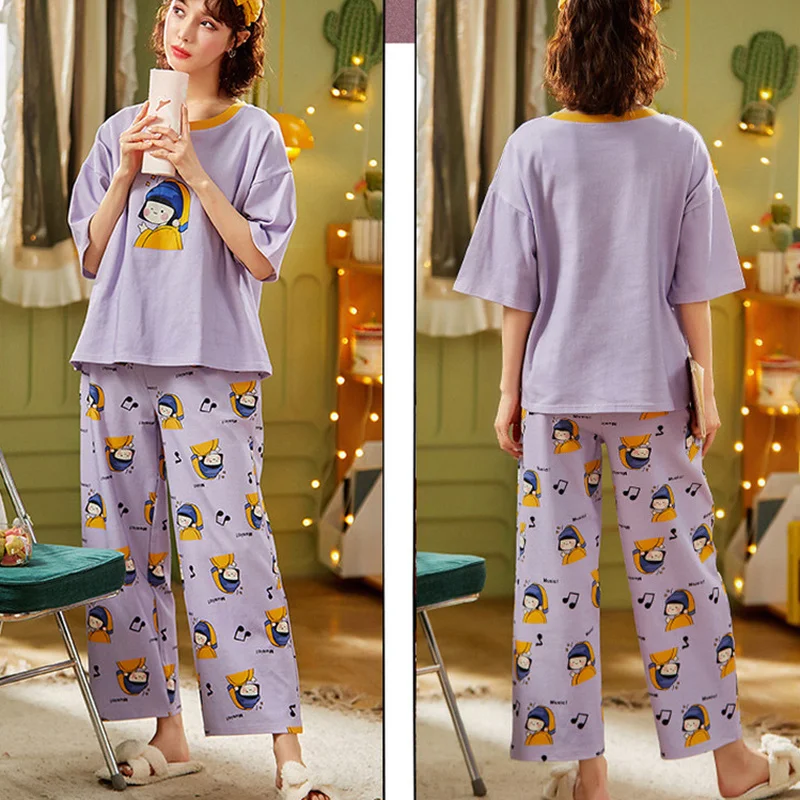 Pyjama Sets Vrouwen Cartoon O-hals Korte Mouw Zomer Volledige Lengte Broek Koreaanse Stijl Losse Homewear Tieners Slaap Slijtage 2 pcs Mujer