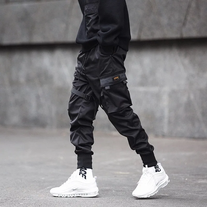 Prowow Men Ribbons Streetwear Cargo Pants Autumn Hip Hop Joggers Pants Overalls Black Fashions Baggy Pockets Trousers