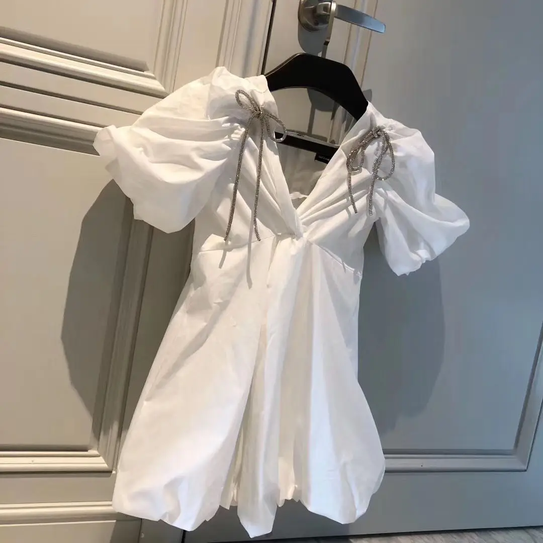

Women V-neck Puff Sleeve Bow Dress Summer Skirt Woman Dress Vestido De Mujer Femme Robe