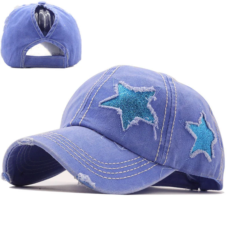 Gorra de béisbol con agujero de mezclilla lavada para hombre y mujer, gorro de pesca con estrella, Snapback, otoño y verano, 100%