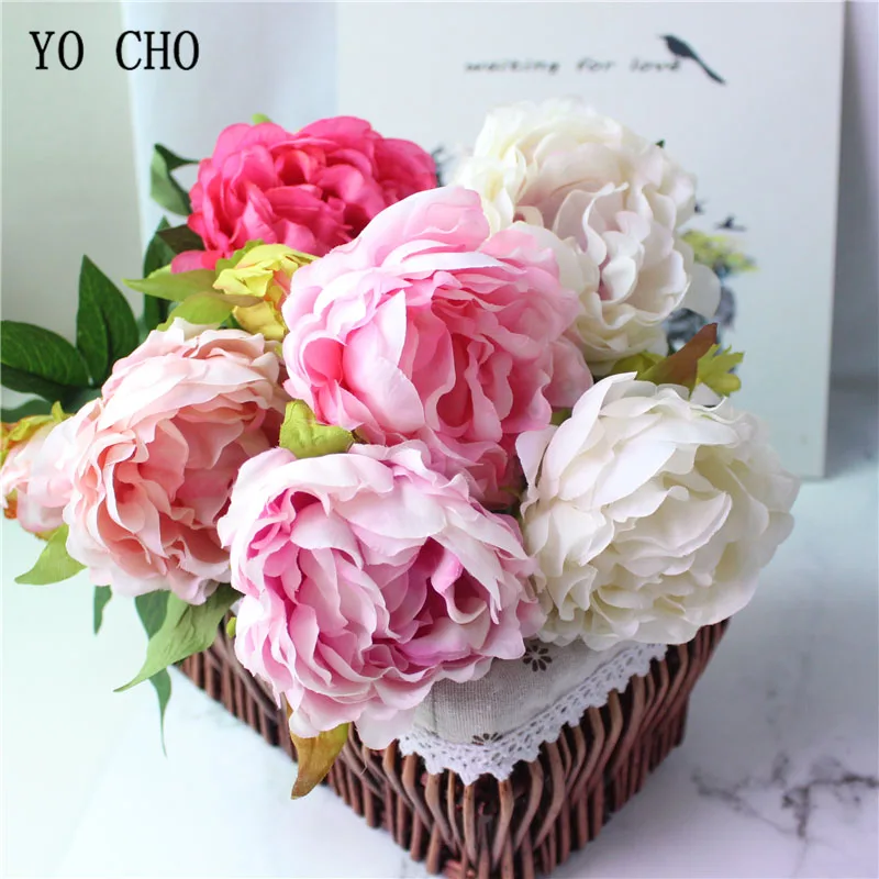 YO CHO – Bouquet de pivoines artificielles en soie, fausses fleurs, pour demoiselle d'honneur, rose, blanc, pour décoration de fête à domicile, pour Center de Table, à faire soi-même