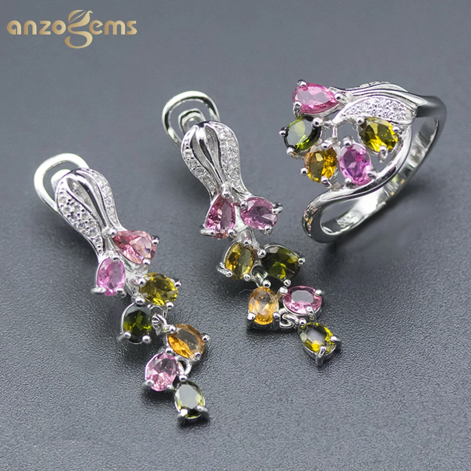 

Anzogems natural color tourmaline flower jewelry sets 925 sterling silver rose earrings ring gemstone jewelry for women's summer