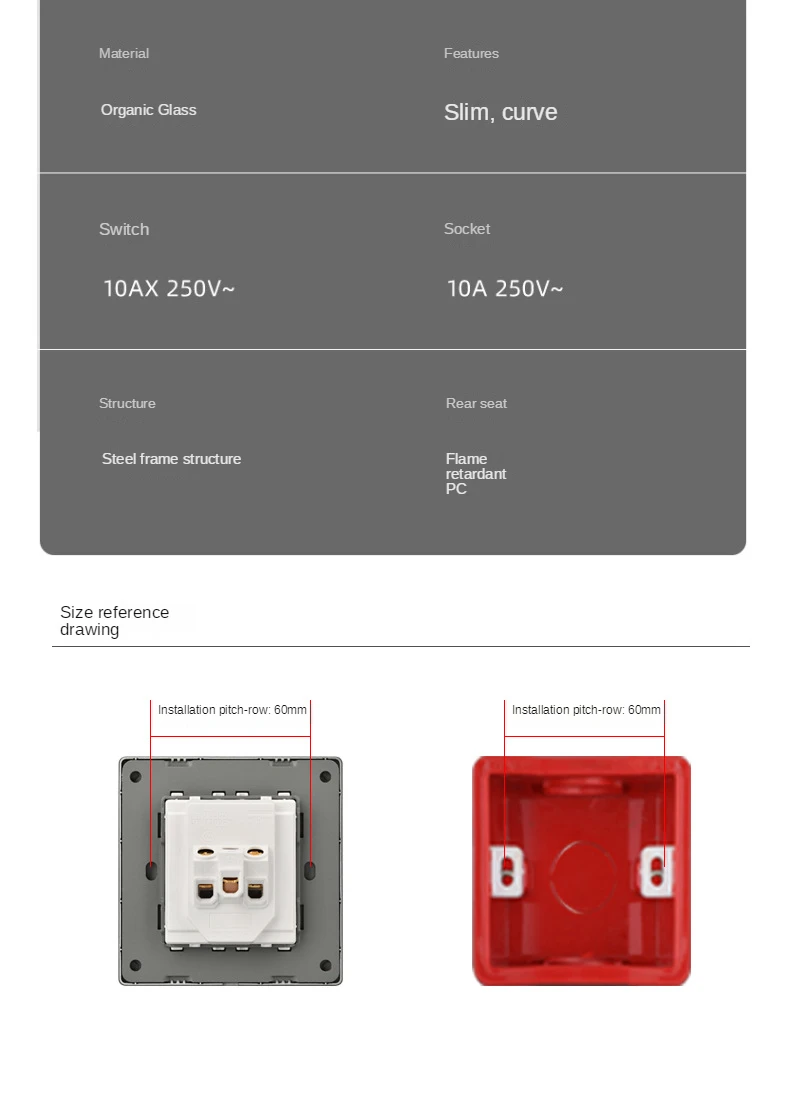 86mm Ultra-Dünne Schalter-Serie 1/2/3/4-fach 1/2-Wege PC-Panel Grau Flachpanel Verdeckter Einbau-Wandschalter-Set – Detail 16