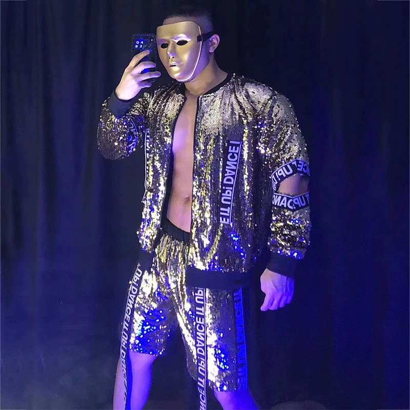 Male Singer Dj Jazz Costumes Gold Sequins Hollow Sleeves Jacket Shorts Gogo Dancer Wear Stage Rave Outfit Clubwear XS2670